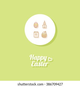 Happy Easter. Greeting card or banner template with hand drawn eggs icon, church, the Holy Bible and Easter basket with a bow. Green background