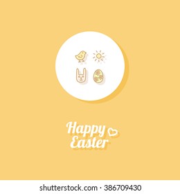 Happy Easter. Greeting card or banner template with hand drawn egg icon, the sun, chicken and Easter rabbit. Orange background