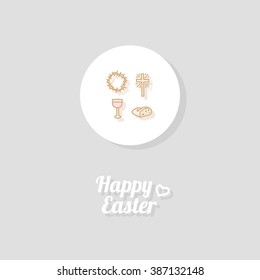 Happy Easter. Greeting card or banner template with hand drawn cross icon, crown of thorns, cup of wine and bread. Gray background