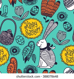 happy easter greeting card banner bunny seamless tattoo linear doodle pattern