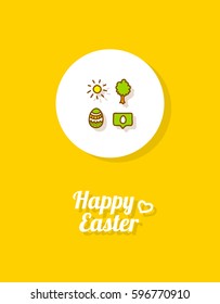 Happy Easter. Greeting card or banner template with hand drawn egg icon, the Sun, tree and greeting message. Yellow background