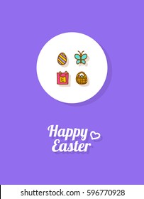Happy Easter. Greeting card or banner template with hand drawn egg icon, butterfly, calender page and Easter busket with painted eggs. Purple background