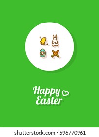 Happy Easter. Greeting card or banner template with hand drawn egg icon, Easter bunny, ringing bell and two carrots. Bright green background