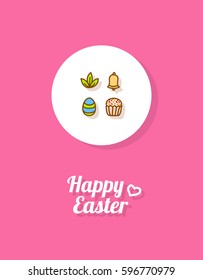 Happy Easter. Greeting card or banner template with hand drawn egg icon, bell, Easter cake and spring leaves. Bright pink background
