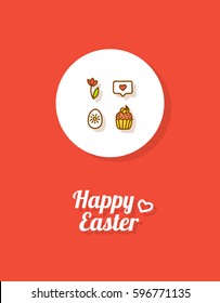 Happy Easter. Greeting card or banner template with hand drawn egg icon, tulip, Easter cake and greeting message. Bright red background