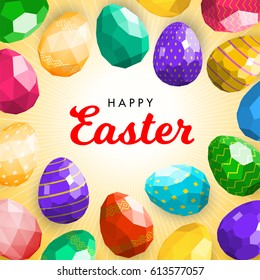 Happy easter greeting card or banner template with modern low polygonal eggs. Good for instagram post, flyer, postcard, facebook banner, leaflet.