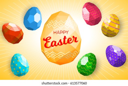 Happy easter greeting card or banner template with modern low polygonal eggs. Good for flyer, postcard, banner, leaflet.