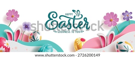 Happy Easter greeting card banner design. Easter greeting text clip art template with colorful eggs, flowers and paper cut decoration elements in white background for traditional celebration vector illustration.
