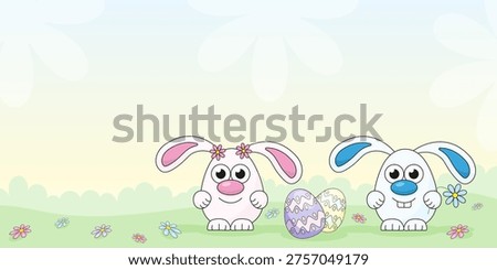 Happy Easter greeting card banner template with cute cartoon egg-shaped bunnies, decorated eggs, and spring flowers on green grass. Blank copy space for text