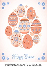 Happy Easter greeting card, banner.Easter eggs with grainy texture and abstract patterns. Vector isolated illustration. Design element.Rough edge.