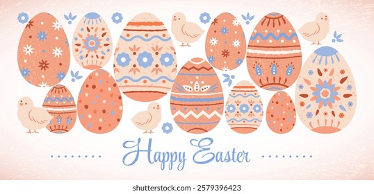 Happy Easter greeting card, banner.Easter eggs with grainy texture and abstract patterns. Vector isolated illustration. Design element.Rough edge.