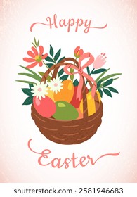 Happy Easter greeting card, banner.Easter eggs in a basket with a bow and flowers. Vector isolated illustration. Design element