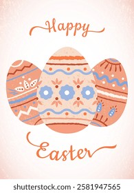 Happy Easter greeting card, banner.Easter eggs with texture and abstract pattern.Vector isolated illustration. Design element