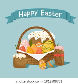 Happy Easter greeting card with basket of eggs and Easter cakes. Cartoon vector illustration. 
