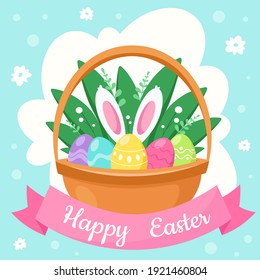 Happy Easter greeting card. Basket with Easter eggs. Vector illustration
