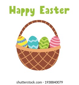 Tarjeta de felicitación de Pascua con una canasta con huevos. Primavera linda impresión al estilo de las caricaturas. Ilustración del vector