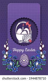 Feliz Pascua. Tarjeta de saludo con canasta de huevos de Pascua. Tarjeta de Pascua. Ilustración del vector