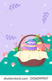 Tarjeta de felicitación de Pascua feliz. Cesta con huevo de Pascua y flores, ilustración vectorial.