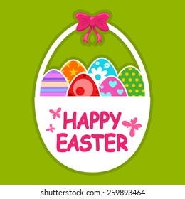 Happy Easter greeting card with basket and Easter eggs 
