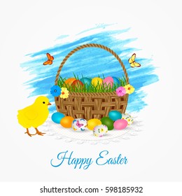 Happy Easter greeting card- easter basket with eggs, yellow chicken and butterflies.