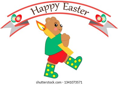 Happy easter greeting card with bear holding a candle.vector illustration