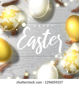 Happy Easter greeting card. Beautiful background with realistic white and golden eggs, sparkling gold confetti, shining garlands and chicken feathers. Holiday vector illustration with effect bokeh.