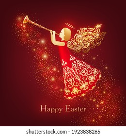 Happy Easter greeting card. Beautiful angel with golden decorative wings blowing trumpet. Flying angel in red ornate dress on a dark red backdrop with shining flares, glowing blurs.