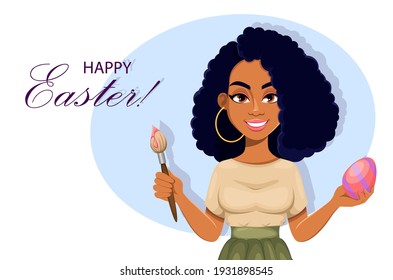 Happy Easter greeting card with beautiful African American woman painting Easter egg. Cheerful lady cartoon character. Stock vector illustration
