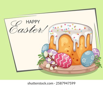 Happy Easter greeting card. A beautiful Easter cake with colored eggs.