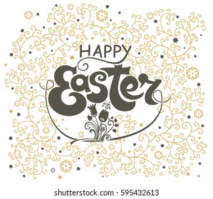 Happy Easter greeting card. Beautiful spring flowers vector illustration for holiday.
