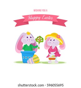 Happy easter greeting card. Beautiful holiday hares, one gives a bouquet of flowers to another. Cartoon vector illustration isolated