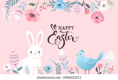 Happy Easter greeting card. Bee, flowers, plants, cute bunnies, birds and rabbits in pastel colors. Minimalist poster, greeting card, header for website