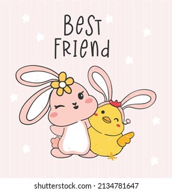 Happy Easter greeting card, best friend bunny and chick cartoon drawing illustration vector