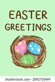 Happy Easter greeting card with bird nest and colorful eggs in it. Spring season holidays print