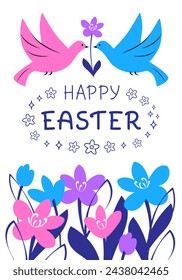Tarjeta de felicitación de Pascua feliz con pájaros y flores, en colores rosa y azul sobre fondo blanco. Ilustración vectorial en estilo moderno minimalista plano. Póster brillante con letras escritas a mano