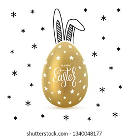 Happy Easter greeting card with black hand-drawn rabbits ears and realistic golden egg. Lettering, sketch. Vector illustration