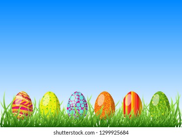 Happy Easter greeting card blank background. Bright eggs in the green grass vector holiday illustration.