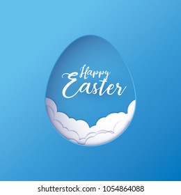 Happy Easter Greeting Card blue vector with cloud Paper cut art