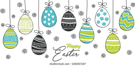 Happy Easter greeting card blue and green with hand drawn modern eggs. Vector illustration.