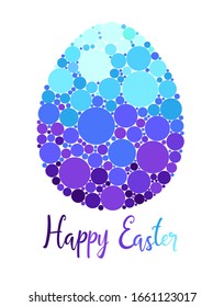 Happy Easter greeting card in blue and violet colors. Easter egg with big and small colorful circles concept design. Vector illustration with lettering on white background.  