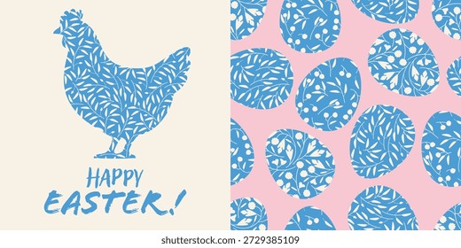 Feliz cartão de saudação de Páscoa com silhueta azul floral galinha e pincel letras em creme. Ovos de páscoa padronizados com motivos botânicos em fundo rosa pastel, estilo folk primavera para desejos primavera.