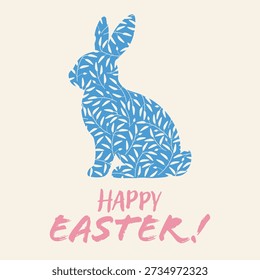 Happy Easter greeting card with blue floral rabbit silhouette and pink brush lettering on a soft beige background. Spring holiday illustration for seasonal stationery and invitations, with copy space.