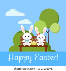 Happy Easter greeting card with boy and girl sweet bunny rabbits on wooden bench holding easter wicker basket with colorful eggs on spring landscape background. Vector illustration flat cartoon style.