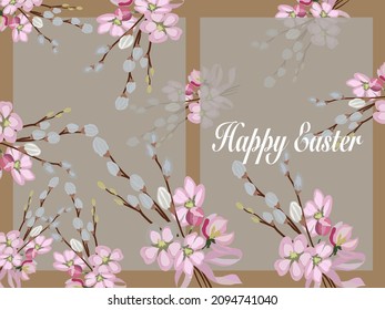 Happy Easter greeting card. Branches of blossoming fluffy willow, willow. Vintage brown muted tone, copy space. Place for your text.