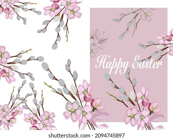 Happy Easter greeting card. Branches of blossoming fluffy willow, willow. Vintage white and pink muted tone, copy space. Place for your text.