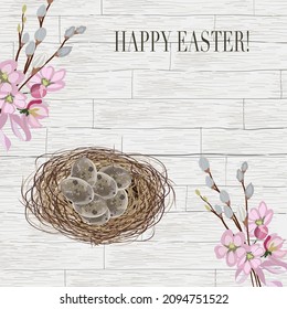 Happy Easter greeting card. Branches of blossoming fluffy willow, willow. Nest with eggs. Vintage gray muted tone, copy space. Place for your text.