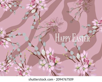 Feliz tarjeta de felicitación de Pascua. Ramas de sauce esponjoso floreciente, sauce. Tono blanco vintage y rosa mutado, espacio de copia. Coloca tu texto.