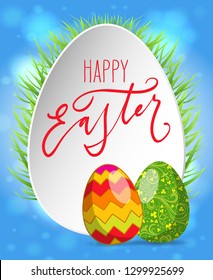 Happy Easter greeting card. Bright eggs in green grass and hand drawn lettering in a frame. Vector spring illustration.
