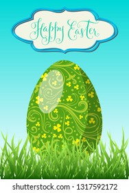 Happy Easter greeting card. Bright green egg in grass and hand drawn lettering in a frame. Vector holiday illustration.
