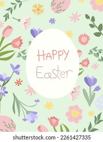 Happy Easter greeting card. Bright compositions with spring flowers, Easter eggs, leaves. Spring flowering. Vector graphics.